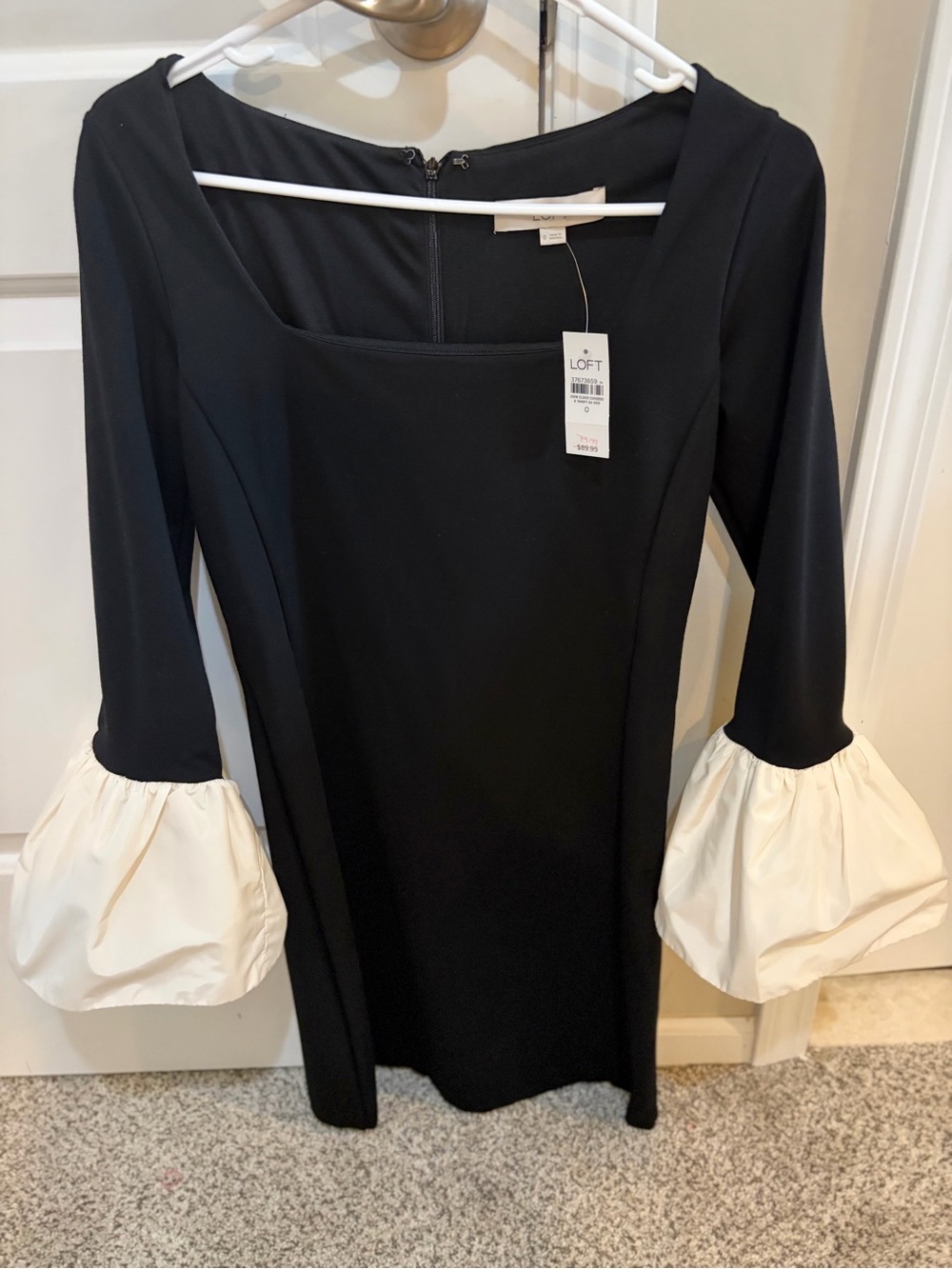 LOFT Black Mini Dress with White Puff Sleeve Cuffs